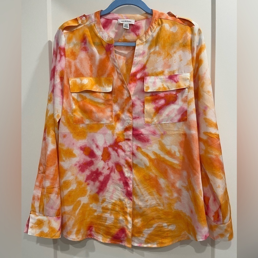 Calvin Klein Tie Dyed Button Down Blouse Size Medium Pink and Orange - Picture 1 of 12